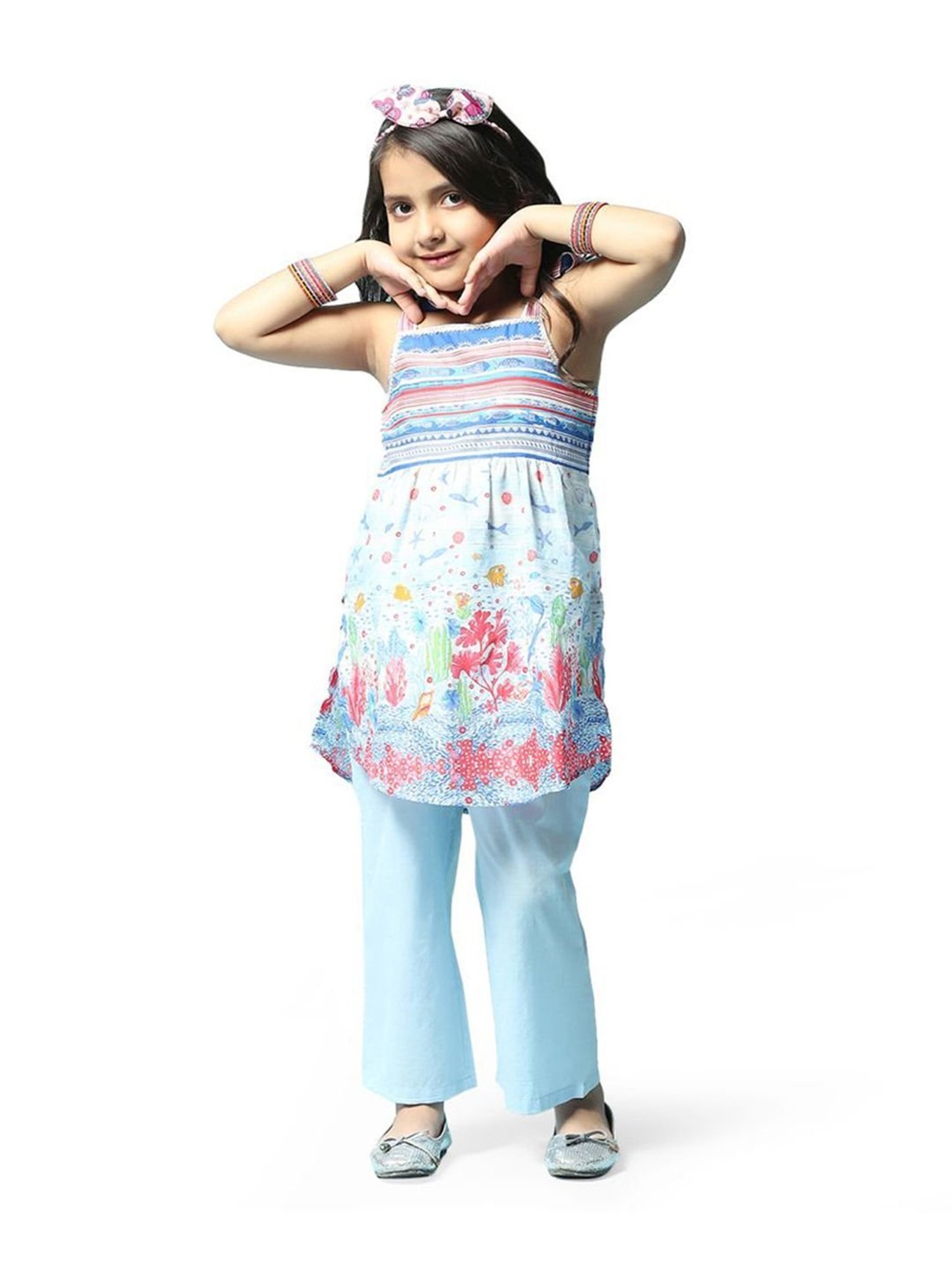 Biba Girls Powder Blue Cotton Printed Kurta Set