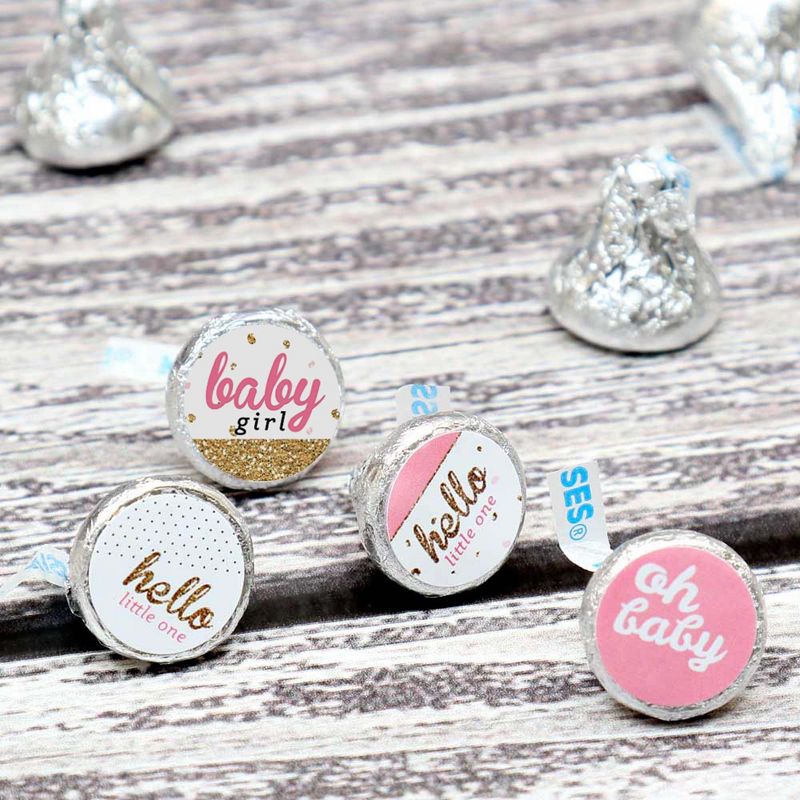 Big Dot of Happiness Hello Little One - Pink & Gold - Girl Baby Shower Party Round Candy Sticker Favors - Labels Fit Hershey's Kisses (1 sheet of 108)