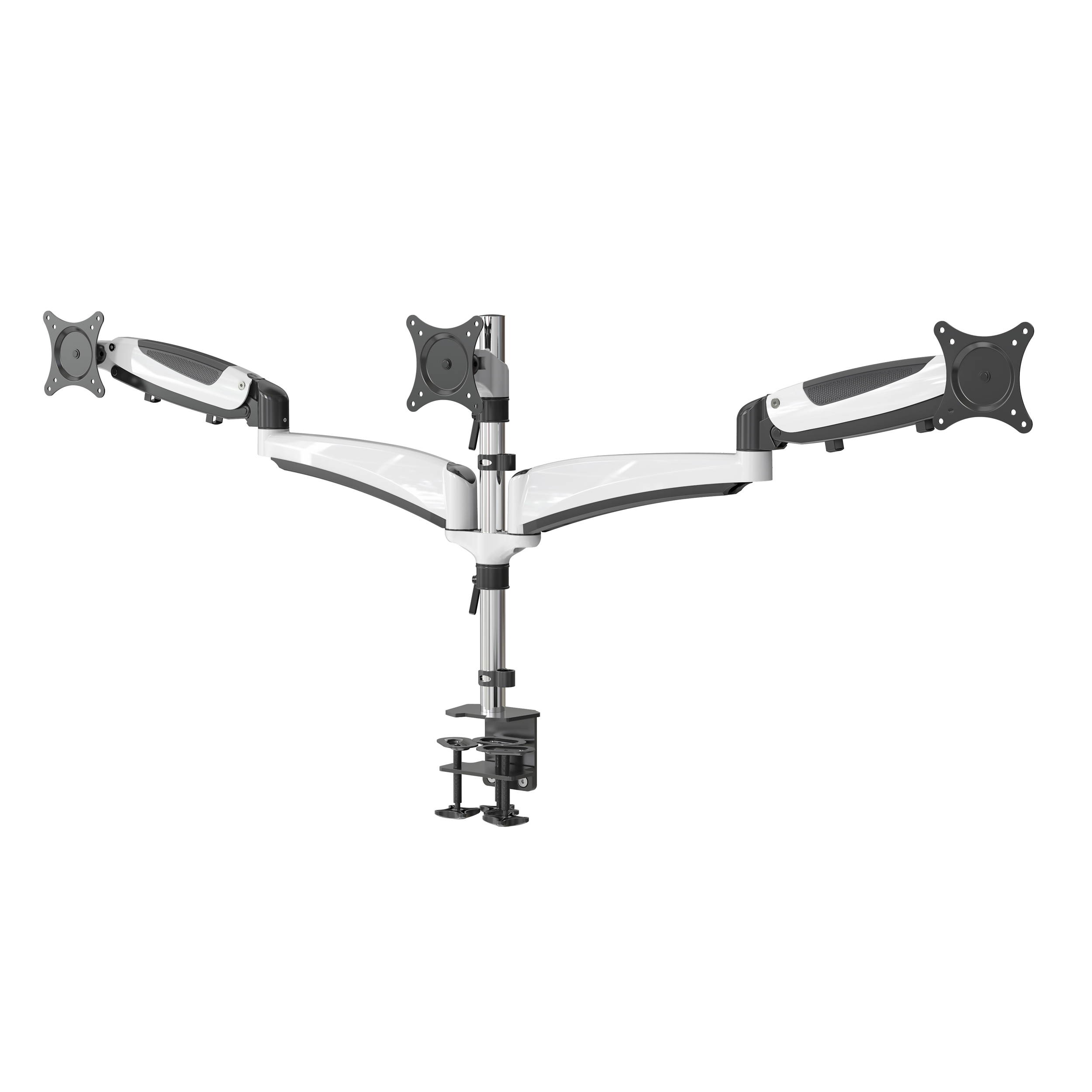 Triple articulating Monitor Mount. Supports 3 monitors 15 to 28" each. Spring Loaded arms provide flexibility in movement and monitor orientation. VESA standard
