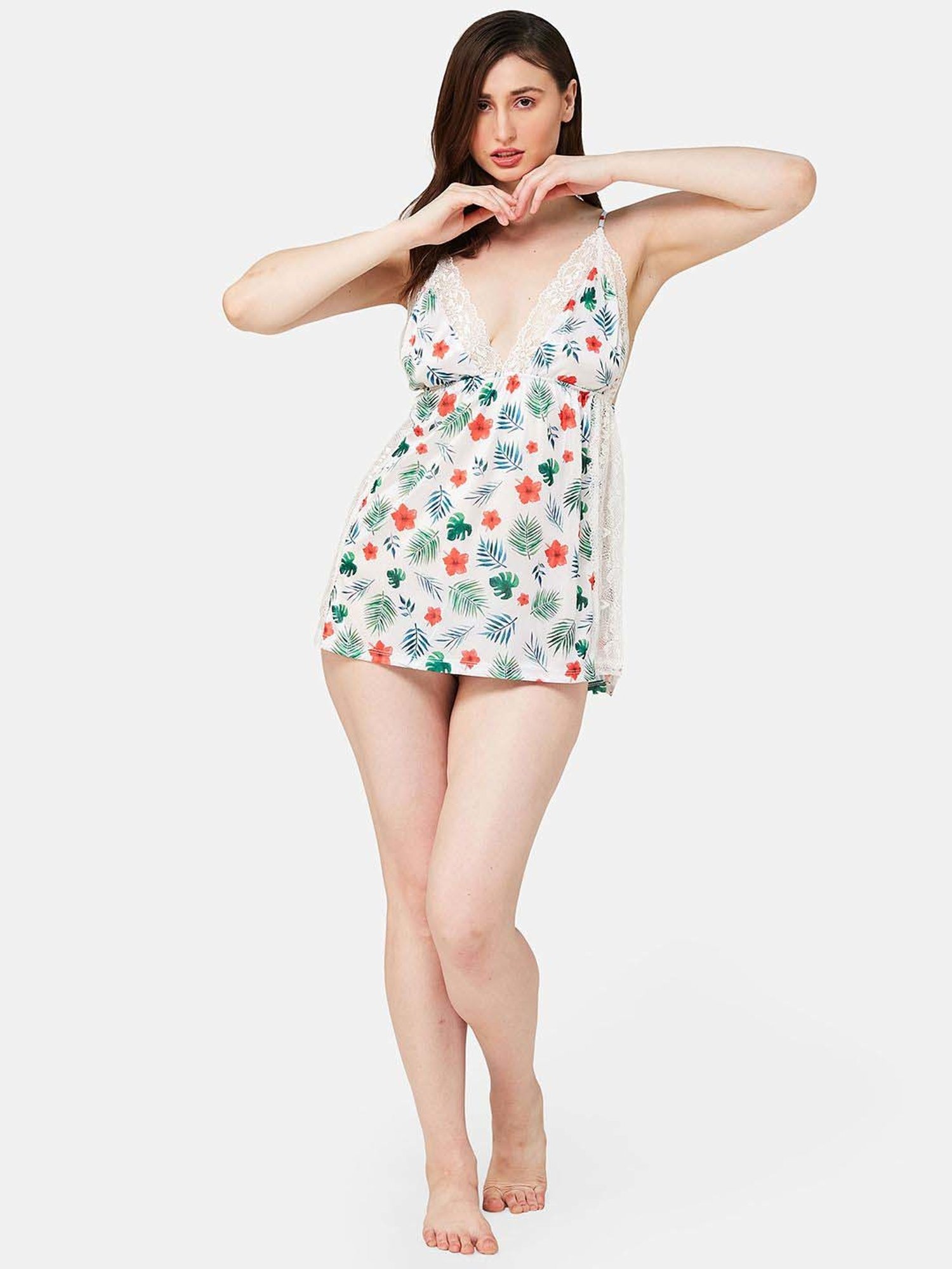 Secrets By ZeroKaata White Printed Babydoll With Panty