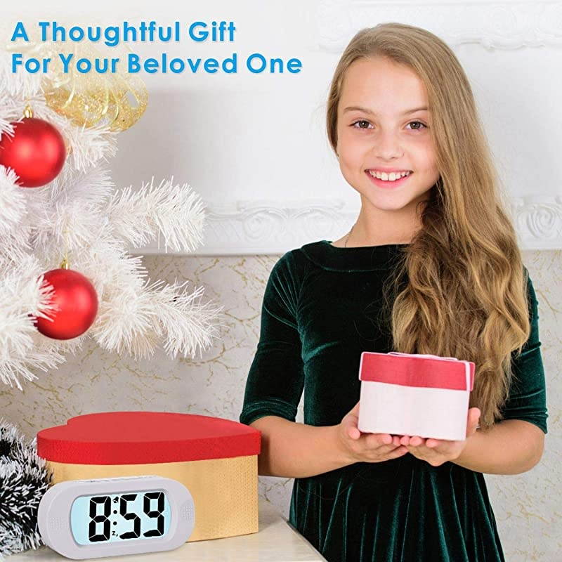 Kids Alarm Clock  Large Digital LCD Travel Alarm Clocks with Snooze and Night Light Ascending Sound and Handheld Size Best Gift for Kids White