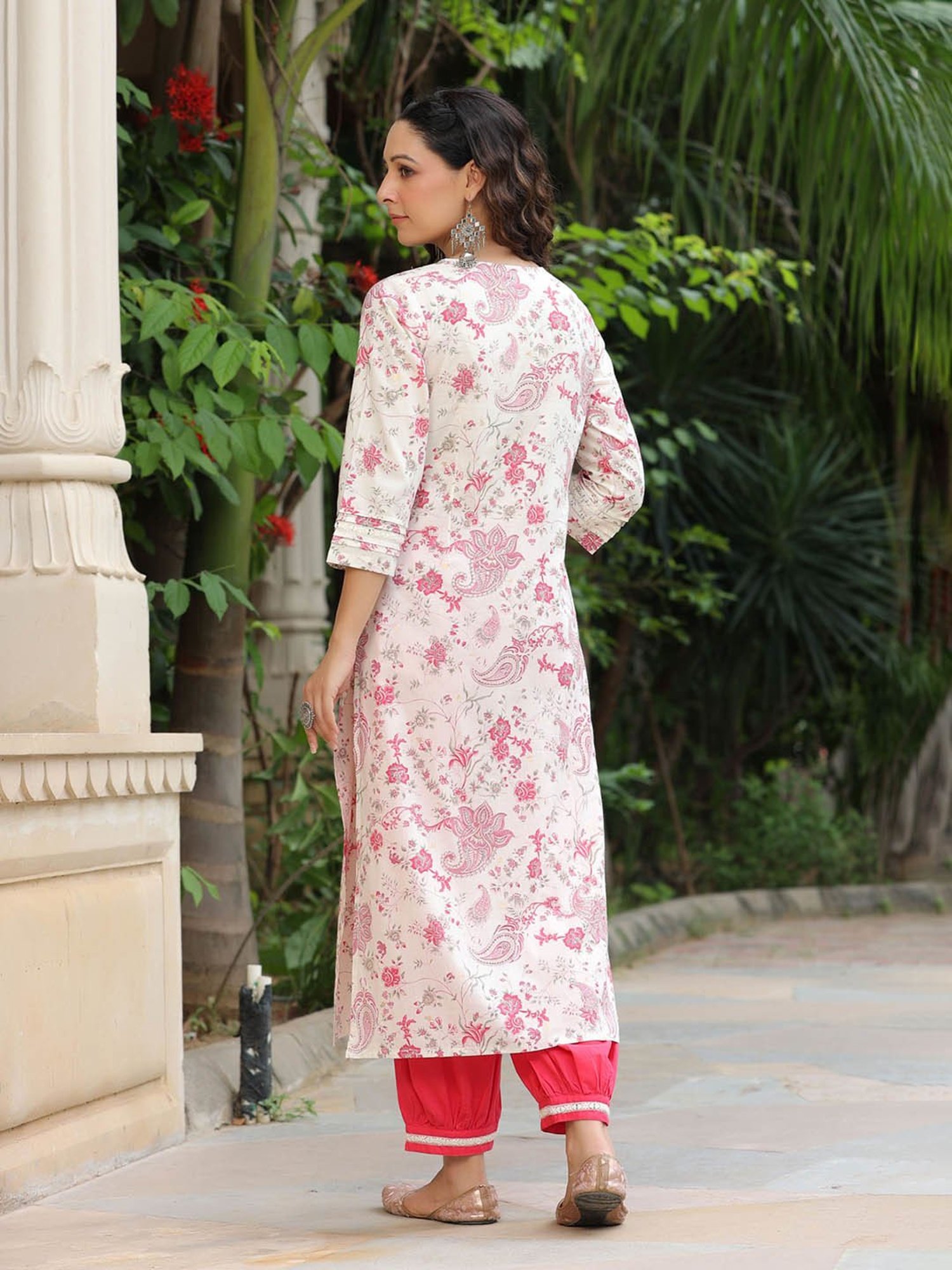 Rain and Rainbow Cream & Red Pure Cotton Floral Kurta & Salwaar Set