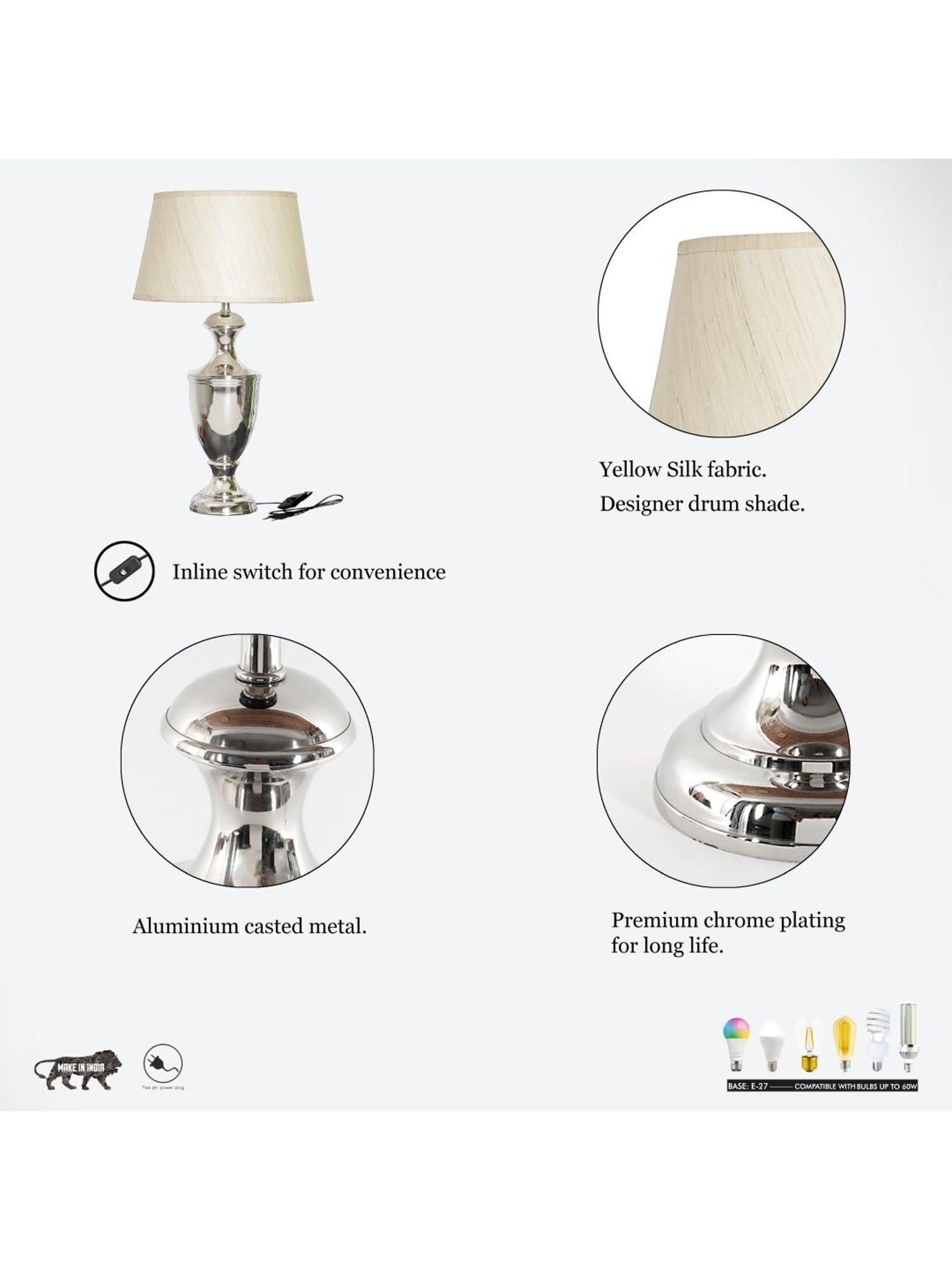 Kapoor Lamp Shades Chrome & White Metal Table Lamp