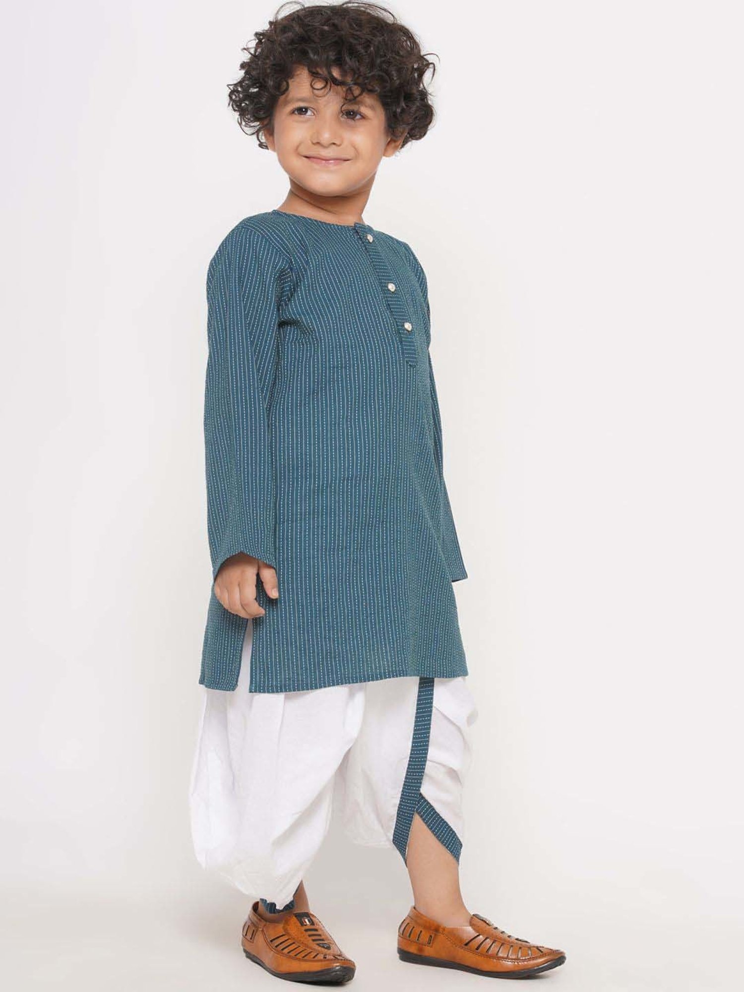 Little Bansi Kids Teal Blue & White Cotton Self Pattern Full Sleeves Kurta Set