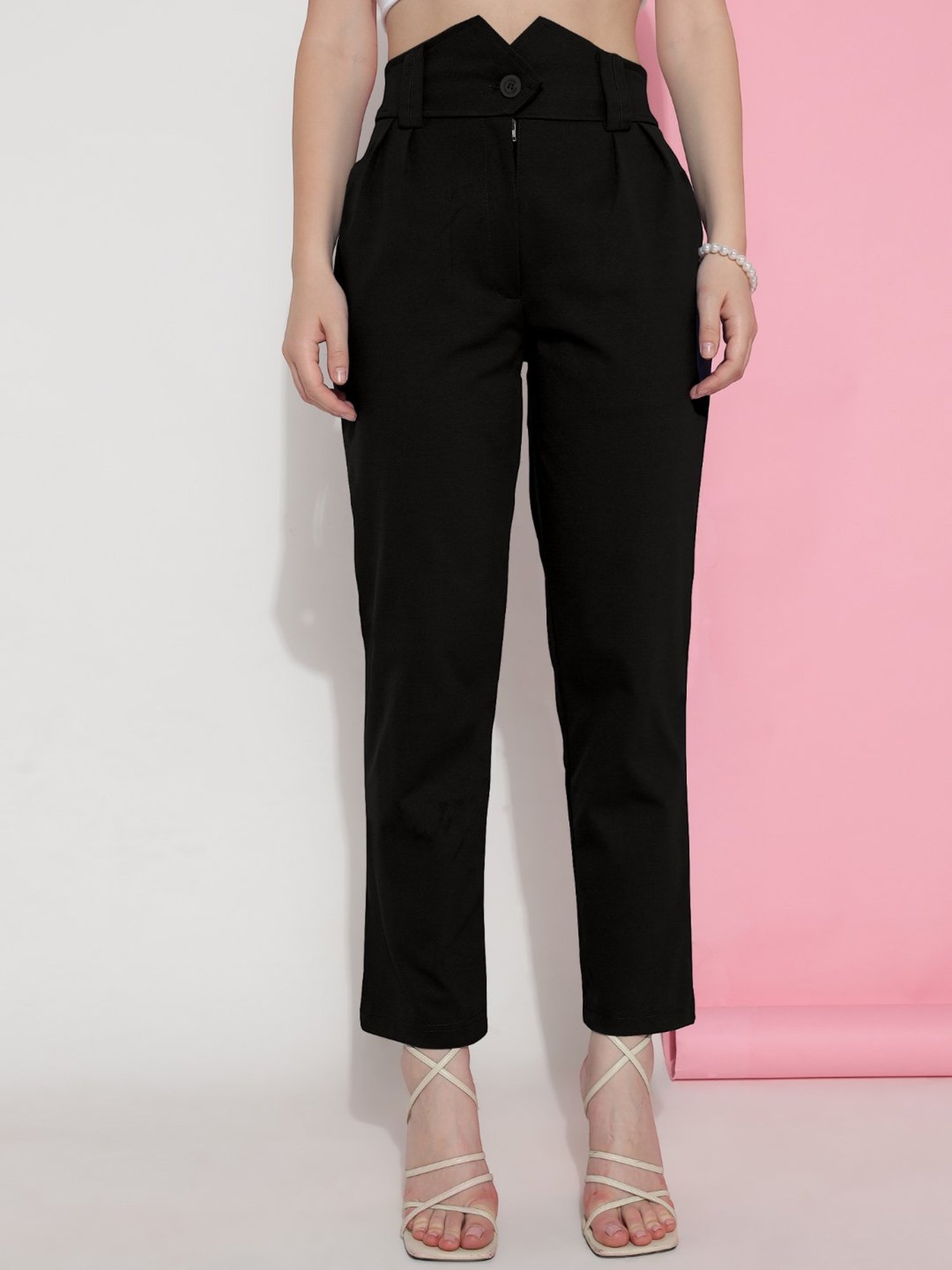 FITHUB Black Regular Fit High Rise Trousers