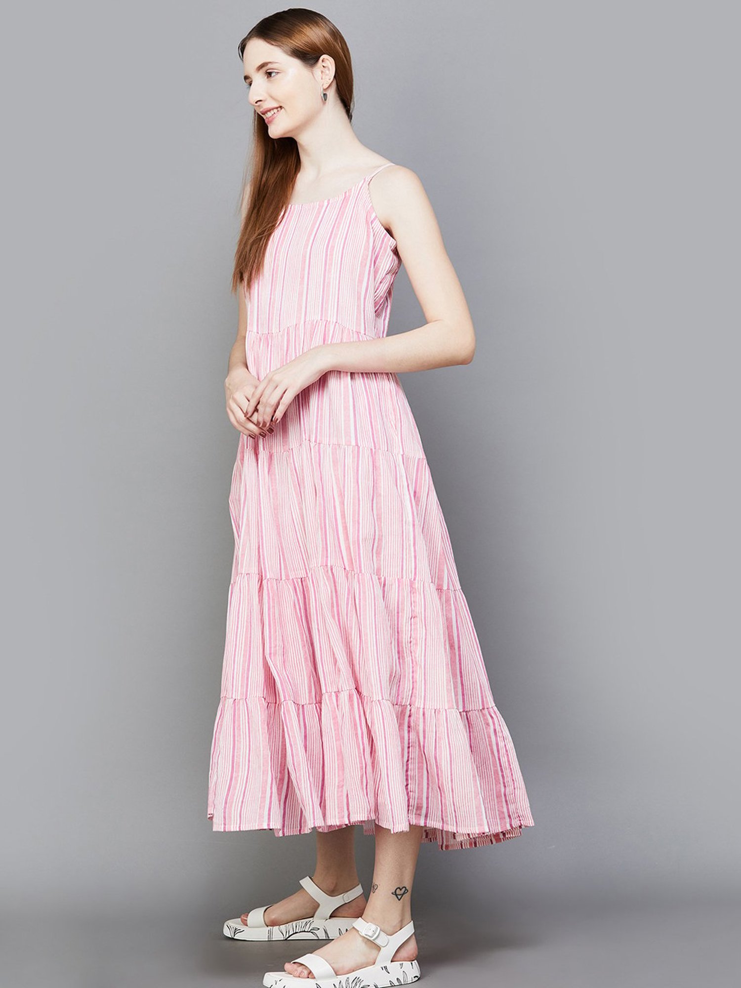 Colour Me by Melange Pink Cotton Striped A-Line Dress