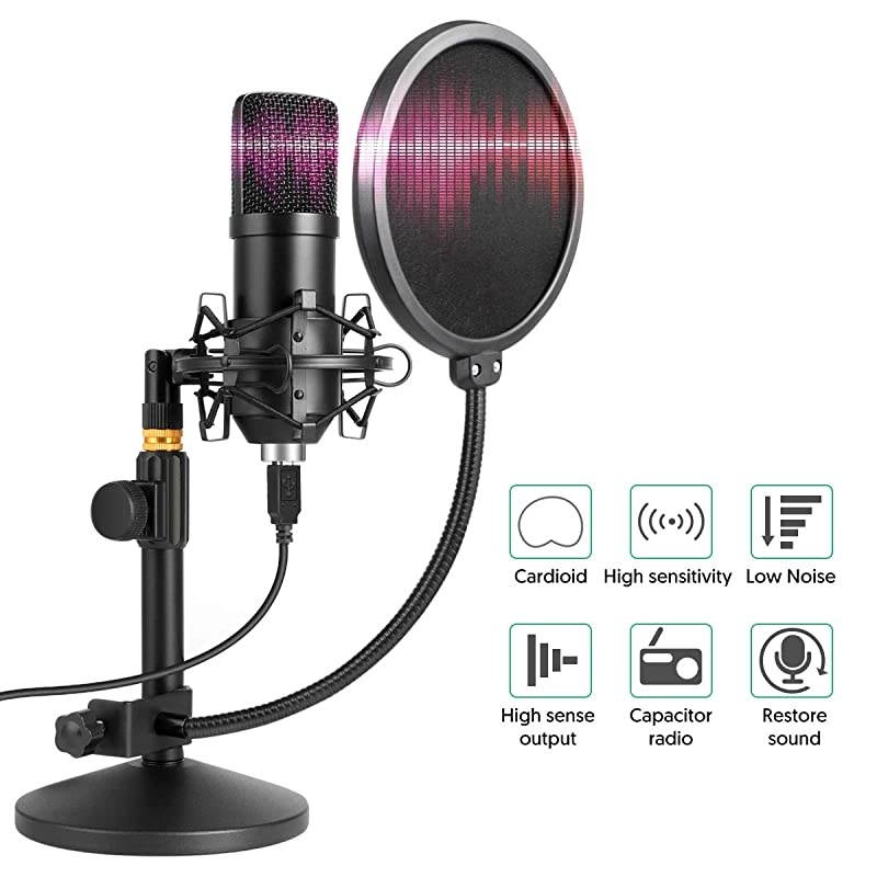 USB Microphone Kit 192kHz/24bit  Condenser Podcast Streaming Cardioid Mic Kit with Sound Card Desktop Stand Shock Mount Pop Filter, Plug & Play for Skype, YouTube, Gaming, Studio Recording