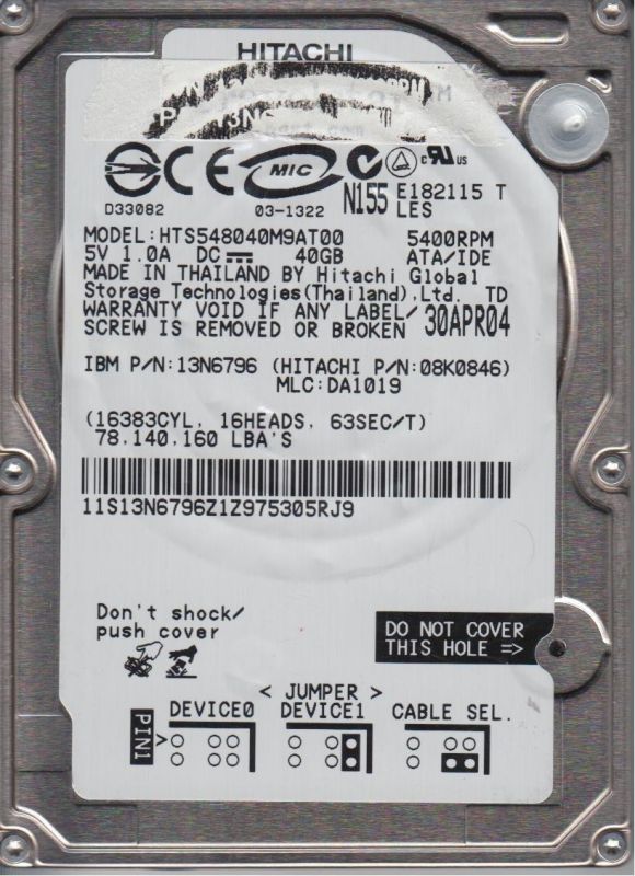 HTS548040M9AT00, PN 08K0846, MLC DA1019, Hitachi 40GB IDE 2.5 Hard Drive