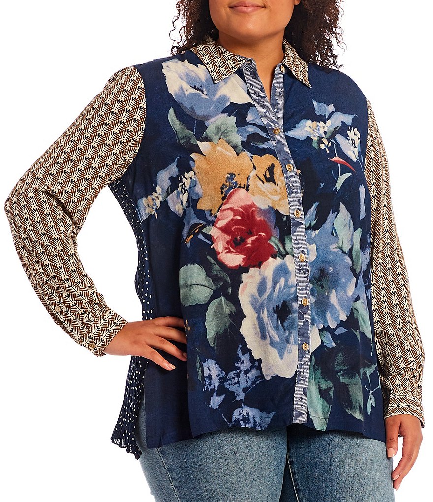 John Mark Plus Size Mixed Media Long Sleeve Floral Front Pleat Back Crepe Tunic