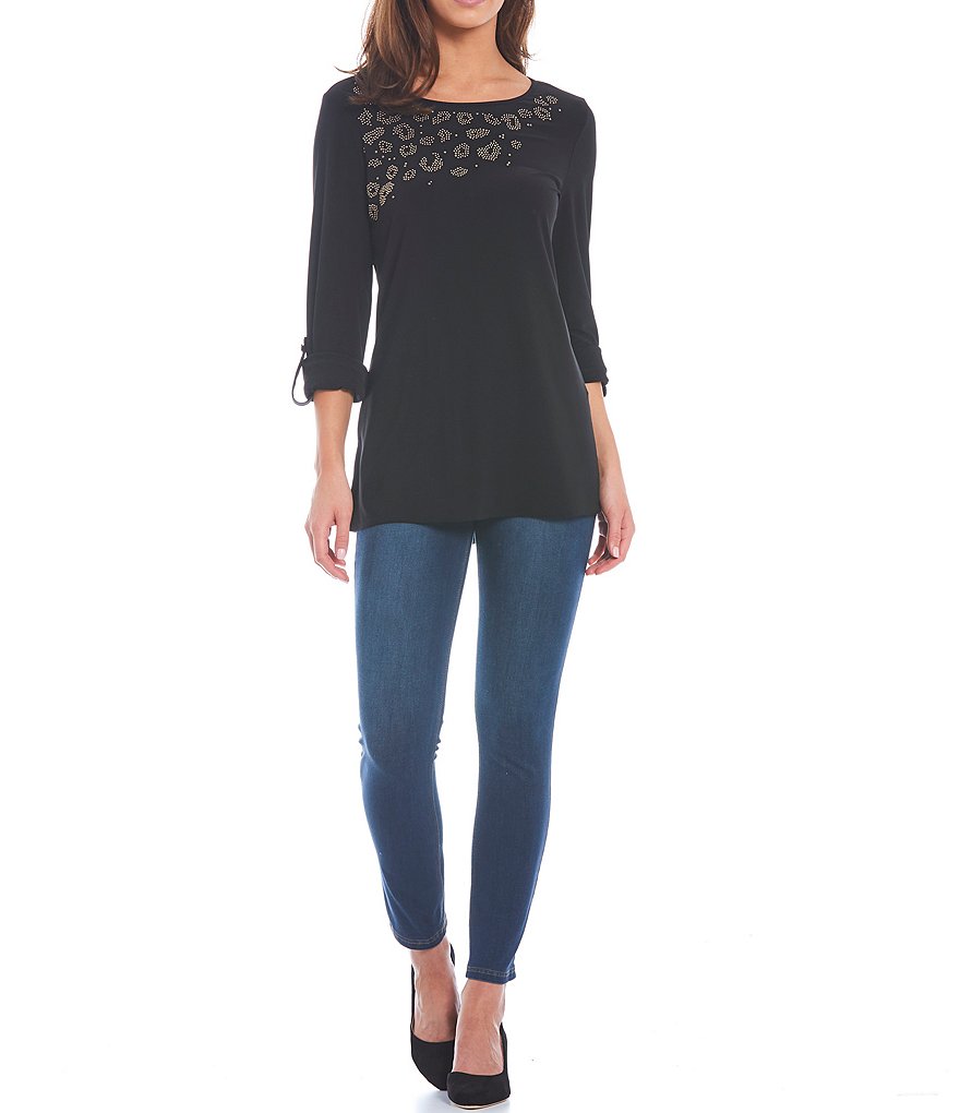 Slim Factor by Investments Embellished Animal Placement Detail 3/4 Roll-Tab Sleeve T-Shirt