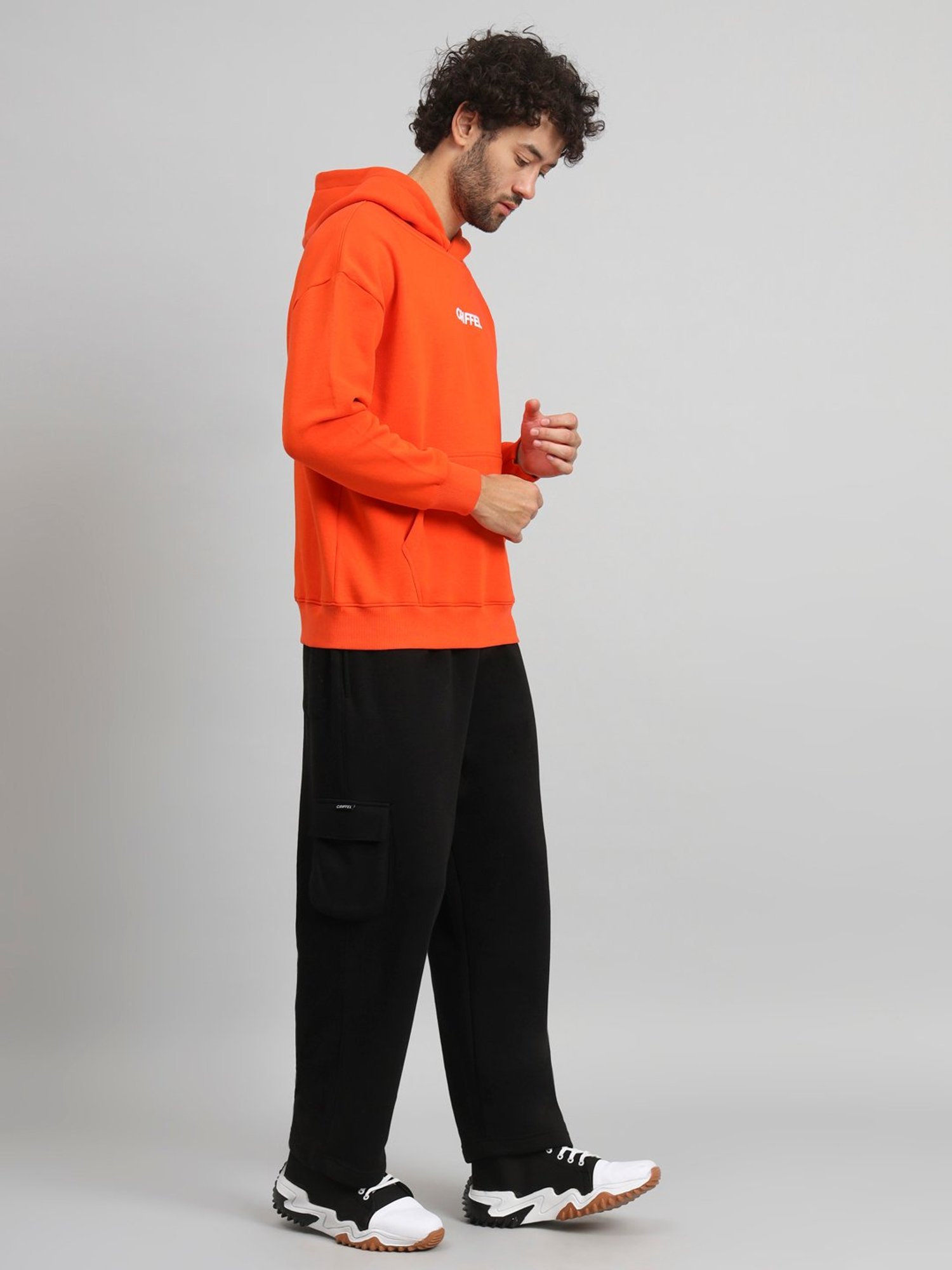GRIFFEL Orange & Black Loose Fit Logo Print Oversized Hooded Sweatshirt & Trackpants Set