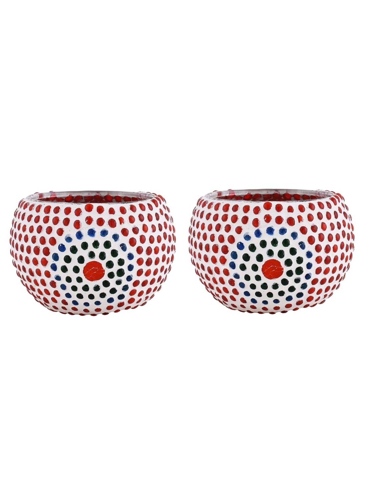 Homesake Round Mosaic Embellished Red Glass Tea Light Candle Holder - Set of 2