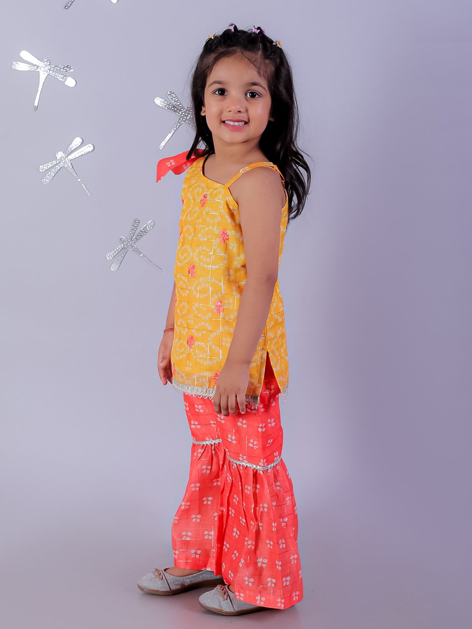 Lil Drama Kids Yellow with Peach Printed Kurta with Sharara