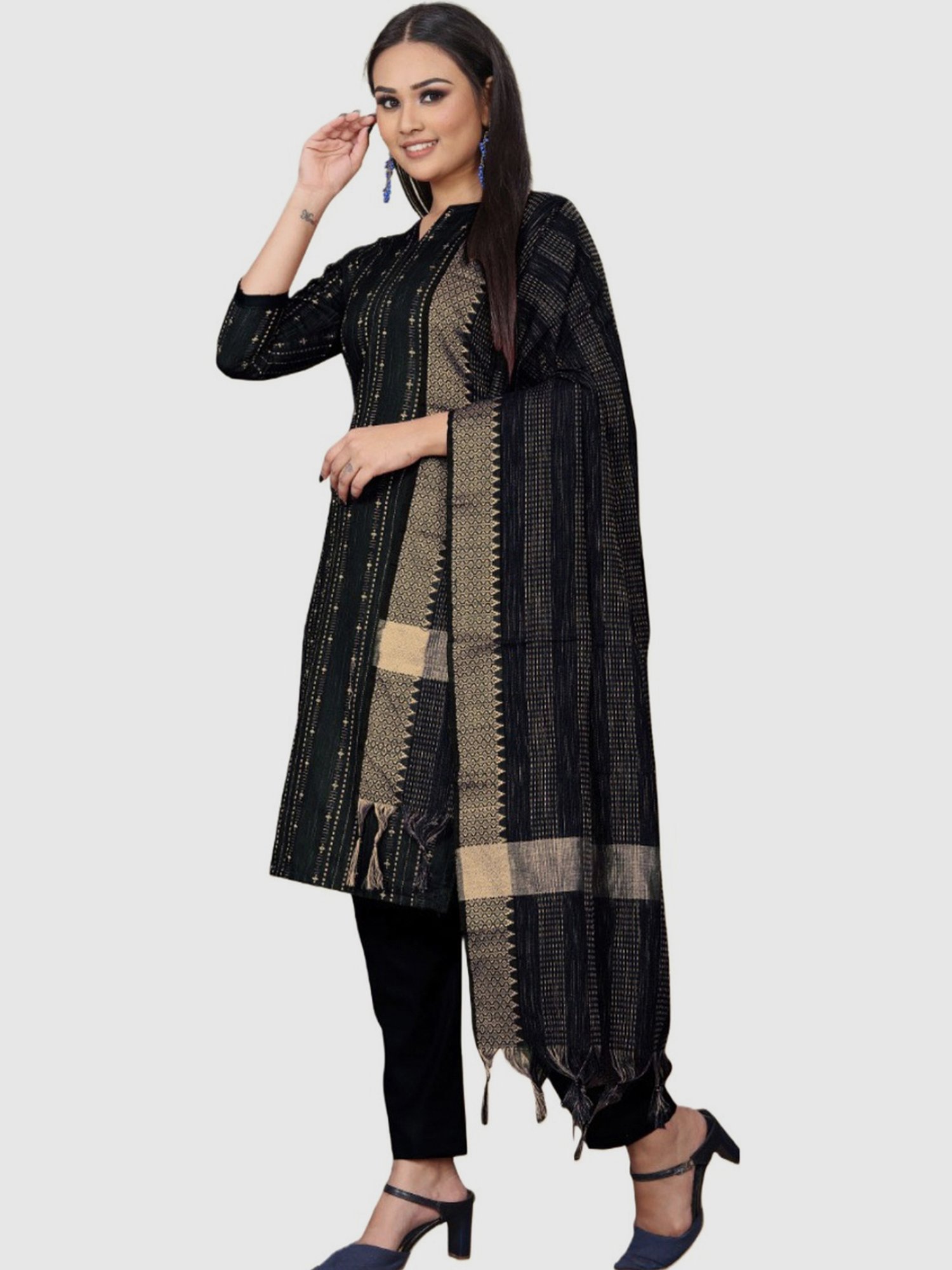 APNISHA Black Cotton Embroidered Unstitched Dress Material