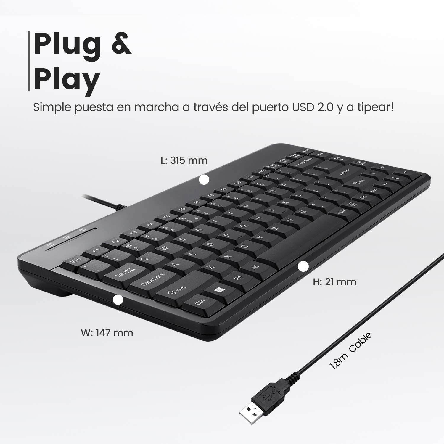 Perixx PERIBOARD-409U ES - Mini USB Teclado - Negro Brillante - QWERTY Espa&ntilde;ol