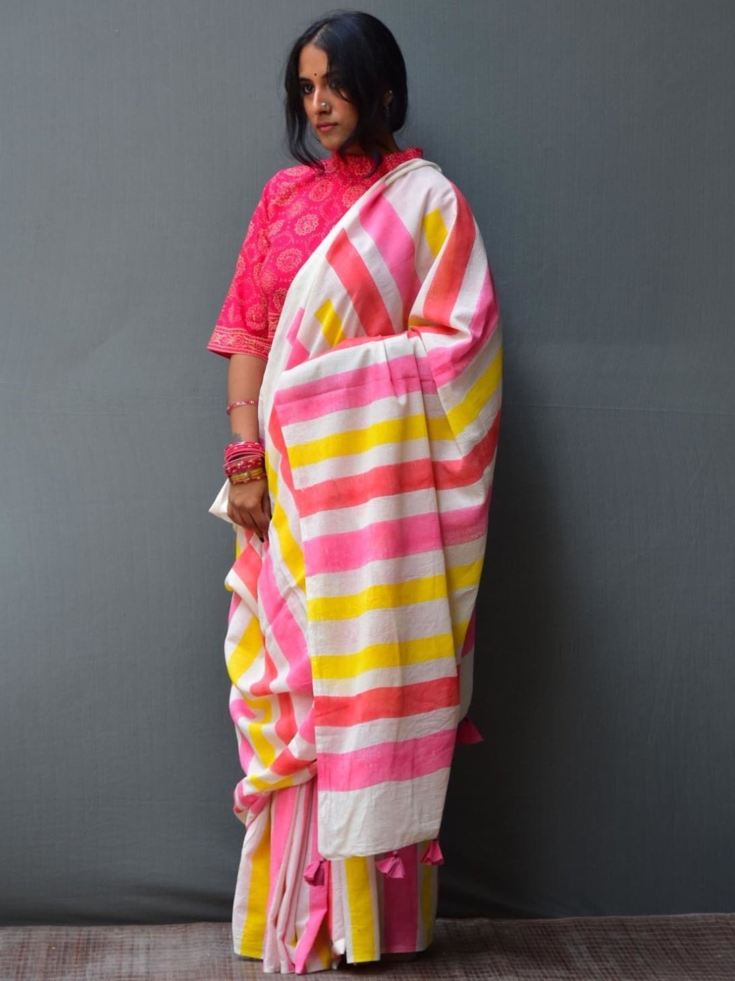 Chidiyaa White Rangeen Sweth Handblock printed Mulmul Cotton Saree