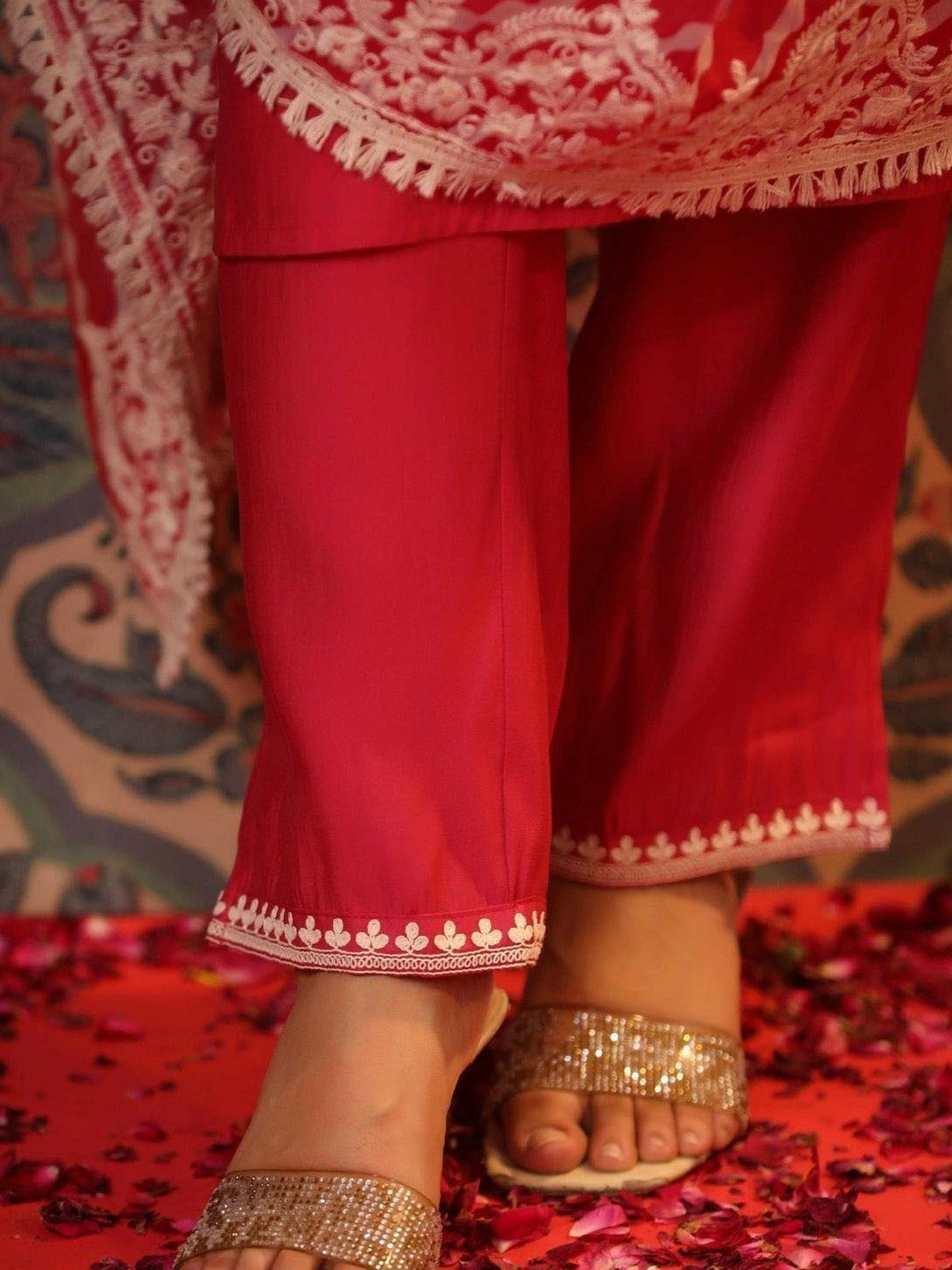 SCAKHI Pink Modal Embroidered Kurta and Pant With Organza Leheriya Dupatta