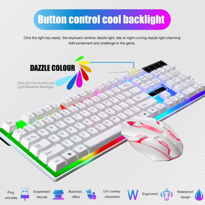 Wired Gaming Keyboard Rainbow Backlit Mechanical Keyboard Mouse Combo, LED 104 Keys USB Ergonomic Wrist Rest Keyboard, Mouse for PC Gamer