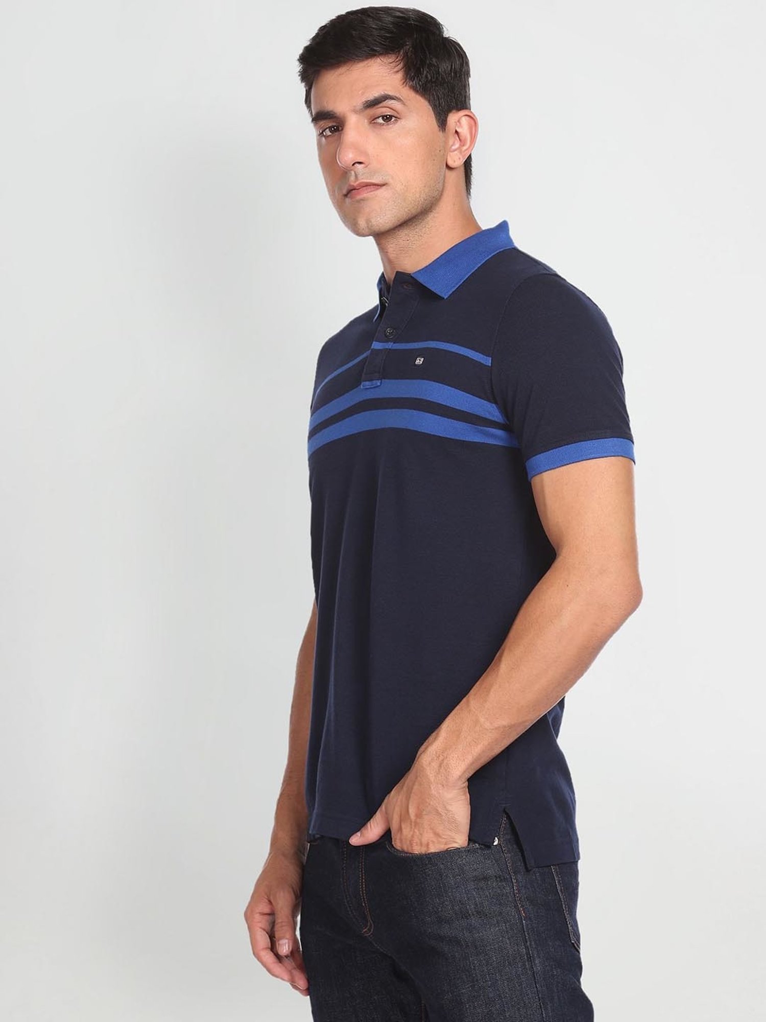 Arrow Sport Blue Cotton Regular Fit Striped Polo T-Shirt