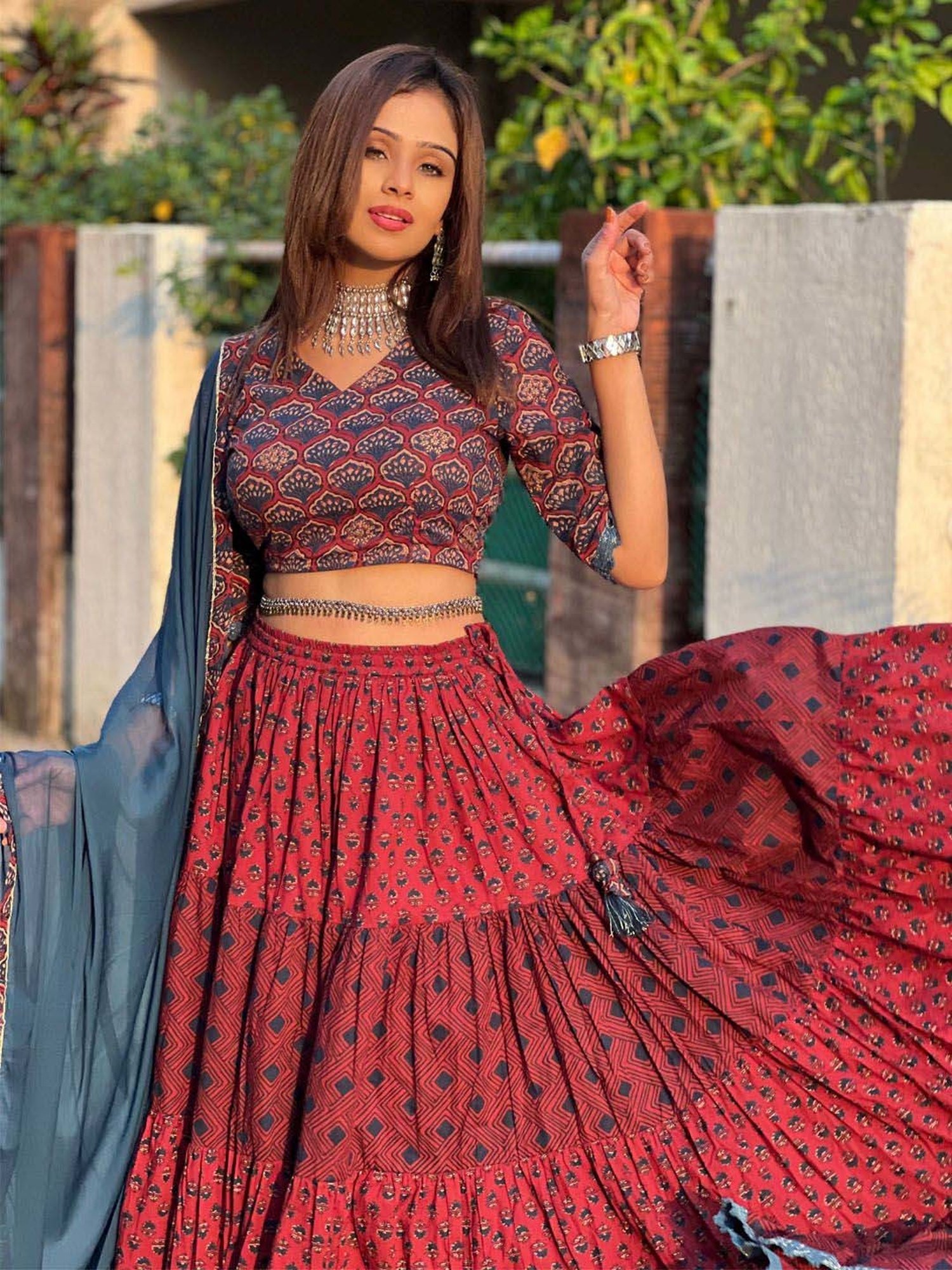 Janasya Maroon Cotton Printed Lehenga & Choli Set With Dupatta