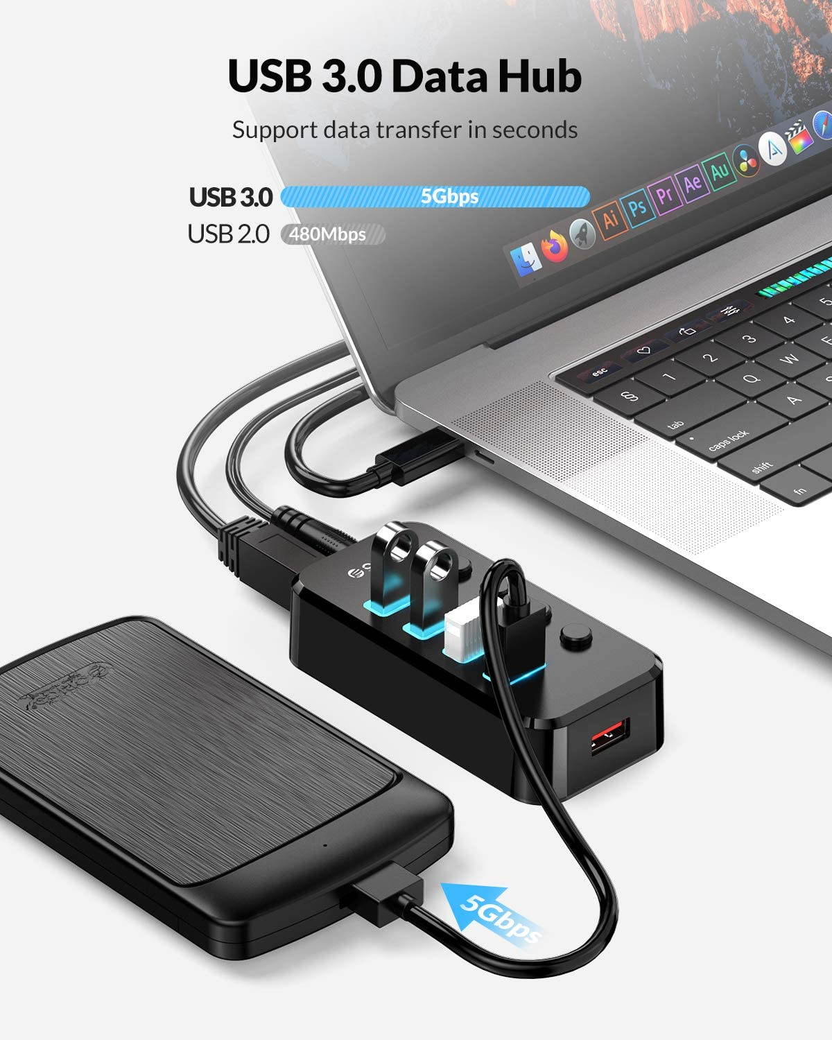 USB 3.0 Hub, Portable SuperSpeed 4 Port USB 3.0 Hub with Built-in Cable , USB Extension Multi-function USB Dock Hot Swapping Support for  Mac, PC, USB Flash Drives and Other Devices