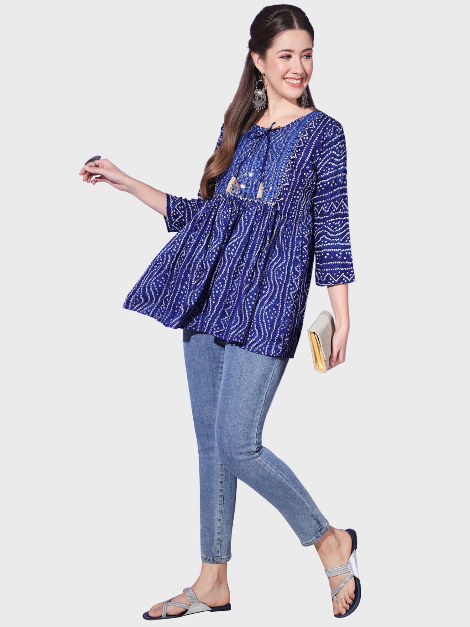 BUYNEWTREND Blue Cotton Printed A Line Short Kurti
