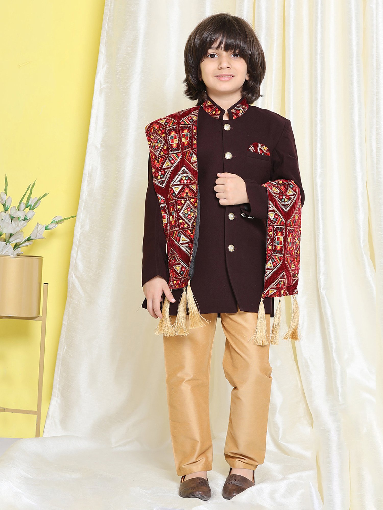 AJ Dezines Kids Maroon & Gold Embroidered Full Sleeves Sherwani, Pyjamas with Dupatta