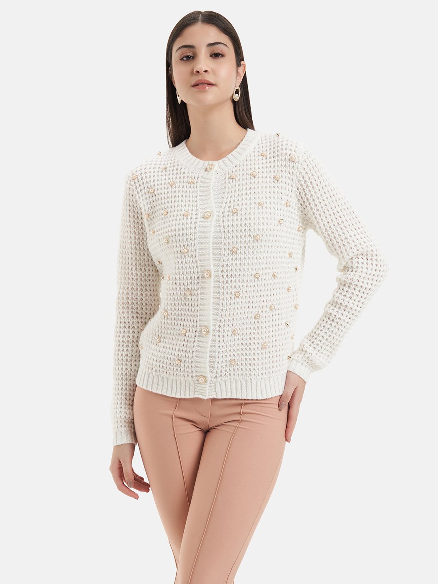 Kazo White Wool Embellished Cardigan