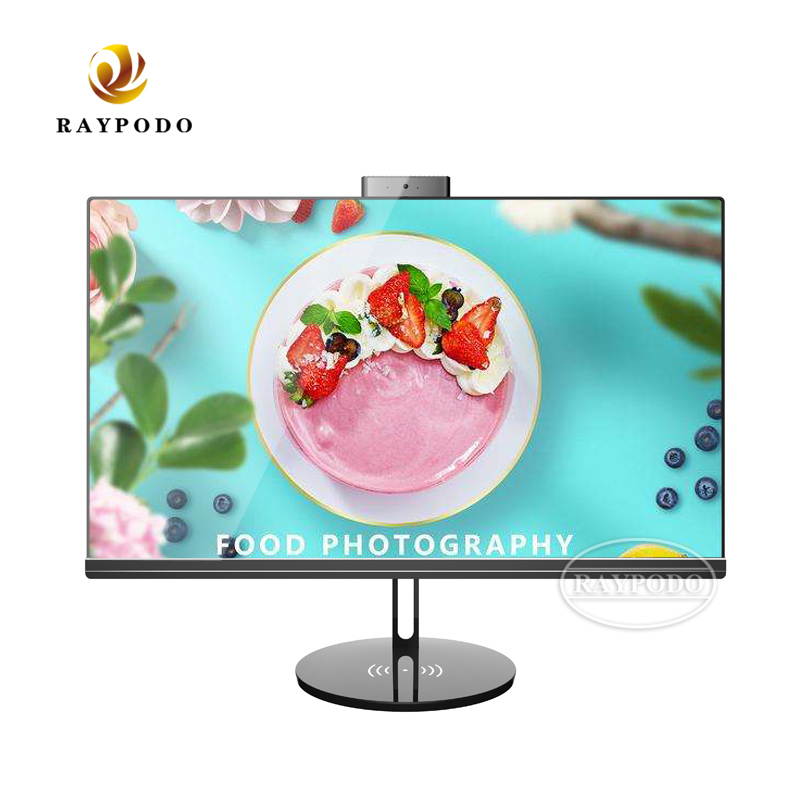 Raypodo New design 23.8 inch FHD All In One computer I3-7100 / I5-7400 / I7-8700 4G+120GB SSD with popup camera and wireless phone charging stand