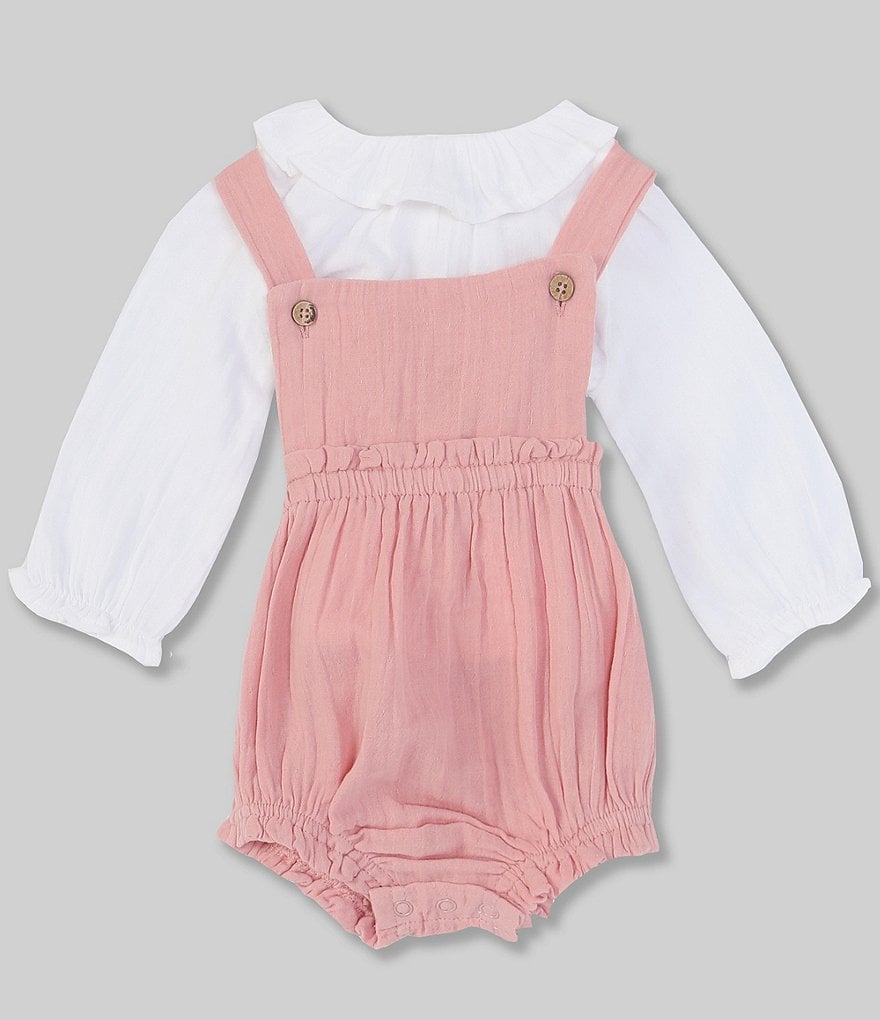 Mud Pie Baby Girls 3-12 Months Long Sleeve Ruffle Collar Top & Gauze Shortall Set