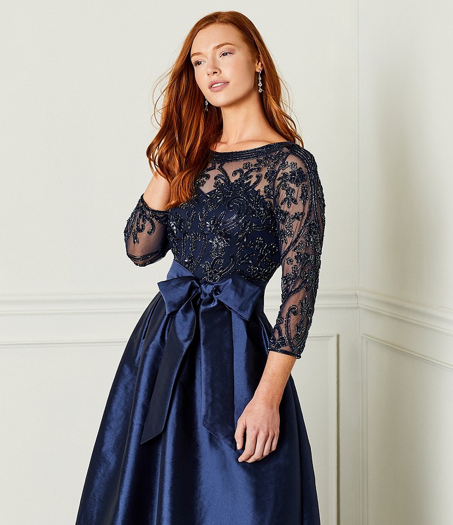 Pisarro Nights Beaded Bodice Jewel Neck Taffeta Ball Gown