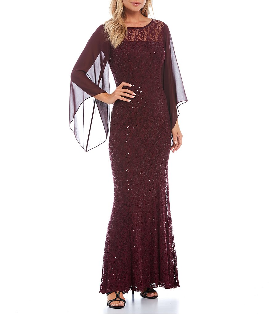 Ignite Evenings Round Illusion Neck 3/4 Sleeve Capelet Overlay Sleeve Sequin Lace Mermaid Gown