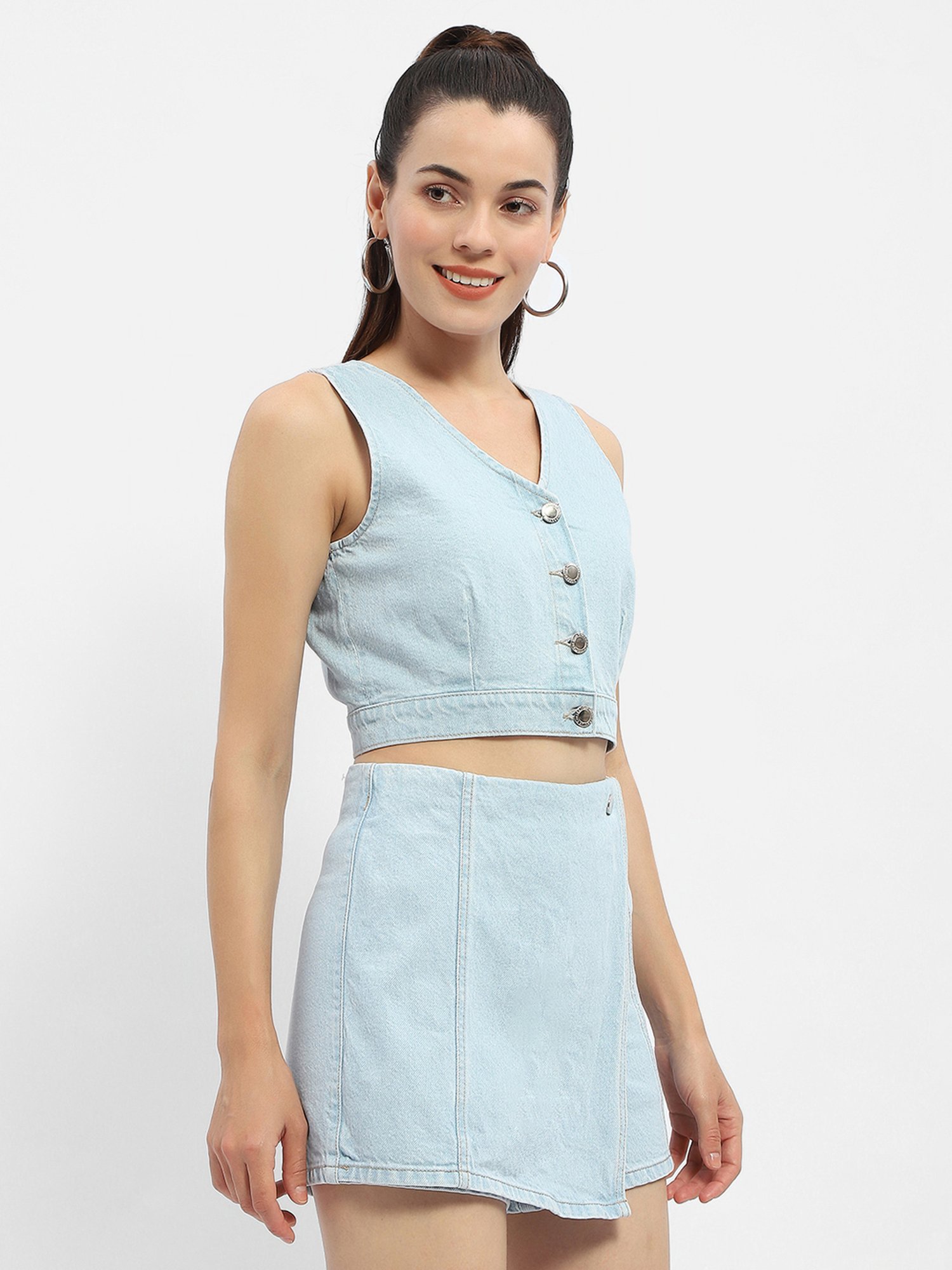 MADAME Light Blue Cotton Regular Fit Crop Top