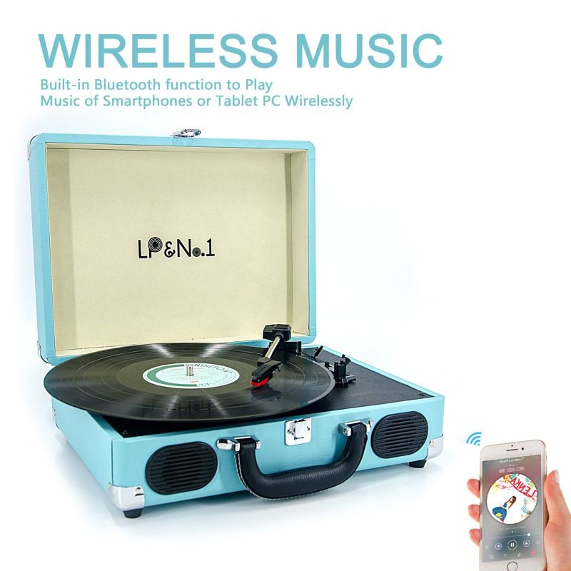 LP&No.1 Suitcase Bluetooth Turntable with Stereo Speaker,3 Speeds Vinyl Record Player Turquoise