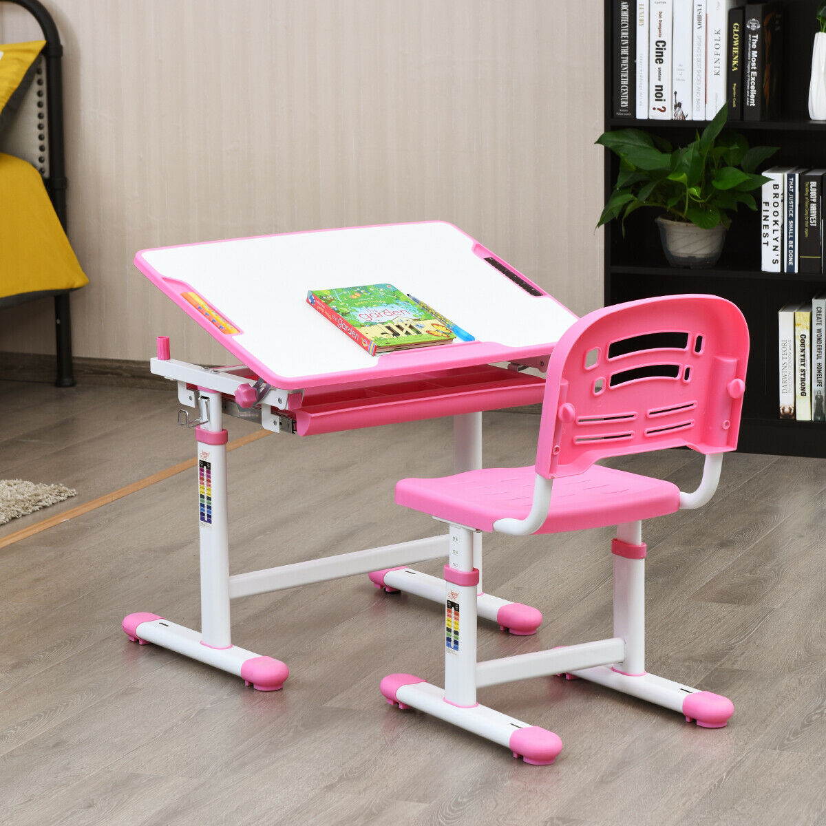 Height Adjustable Children&rsquo;s Desk Chair Set Multifunctional Study Drawing Pink
