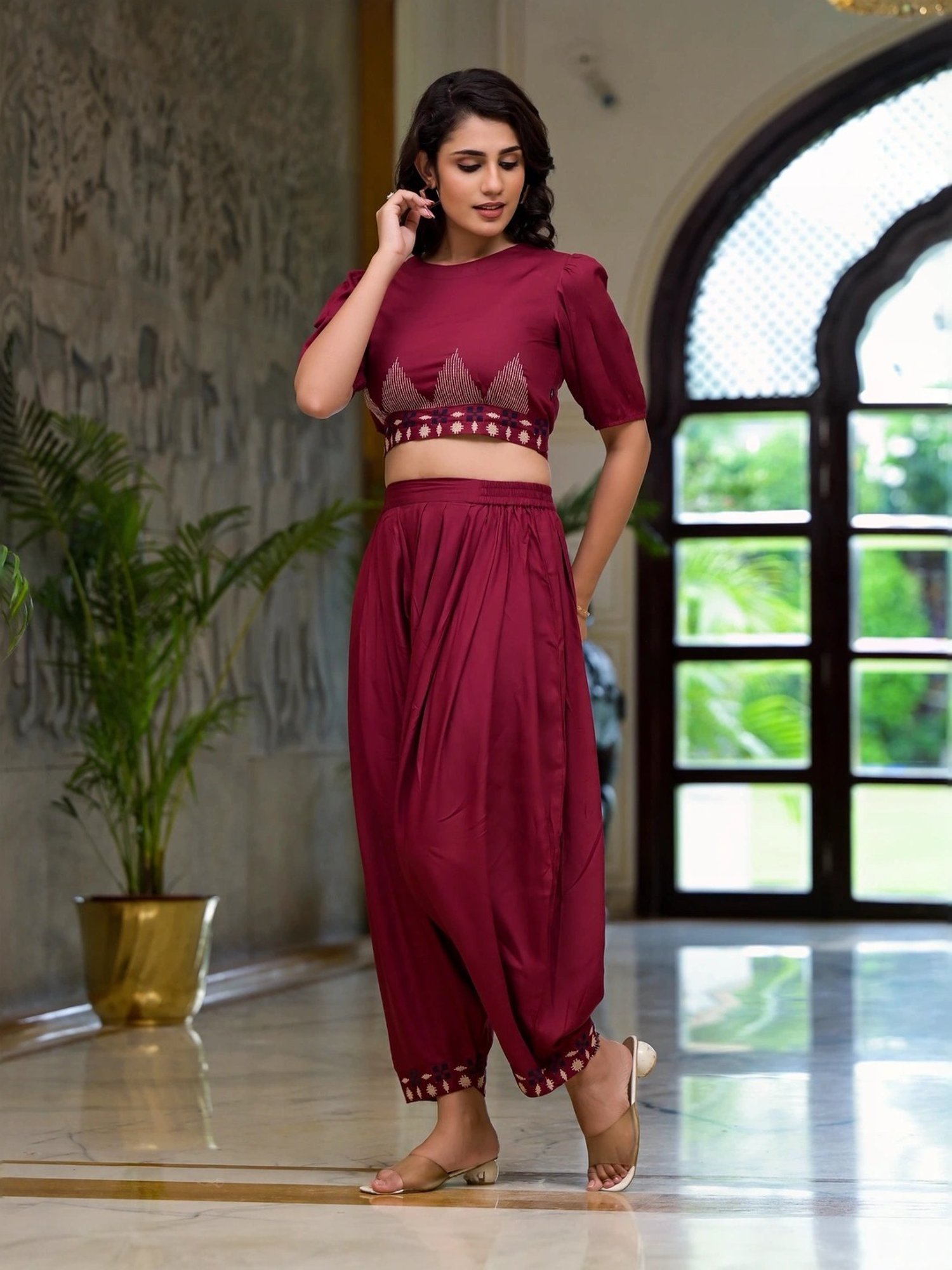 Juniper Maroon Embroidered Crop Top Dhoti Pant Set