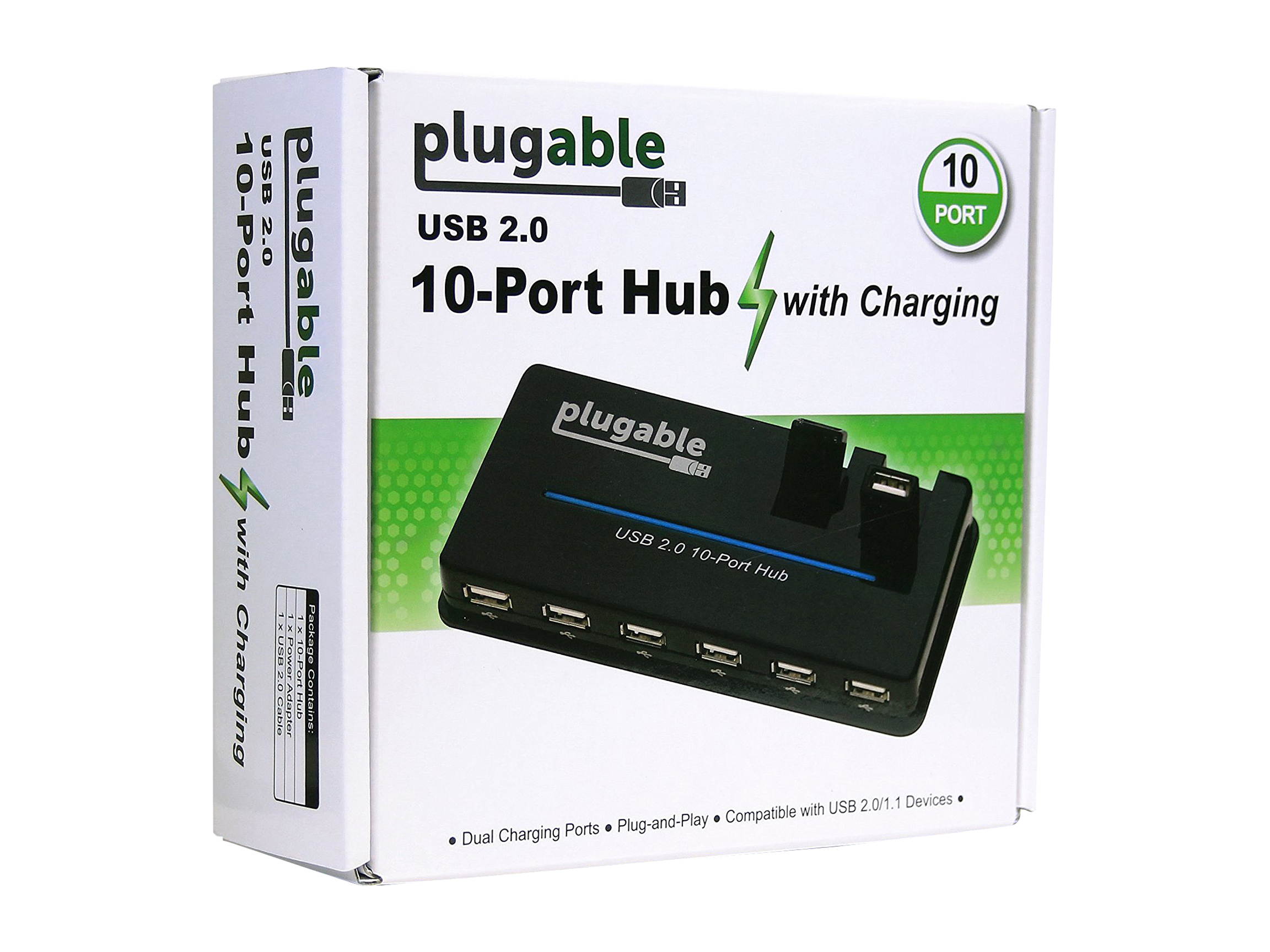 Plugable USB Hub, 10 Port - USB 2.0 with 20W Power Adapter and Two Flip-Up Ports