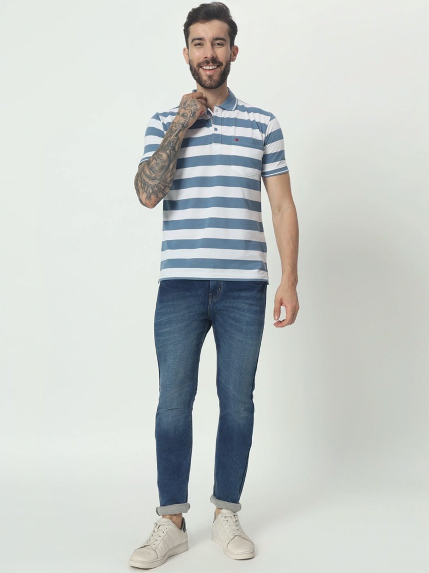 Tab91 Blue Regular Fit Striped Polo T-Shirts
