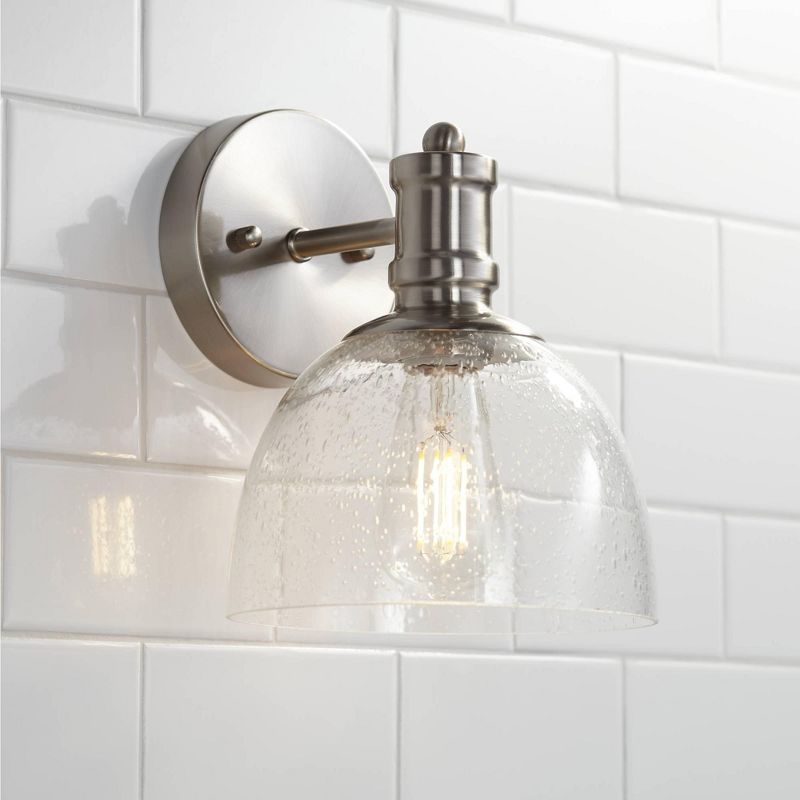 Franklin Iron Works Industrial Farmhouse Wall Light Sconce LED Brushed Nickel 9 1/4" High Fixture Seedy Glass for Bedroom Bathroom