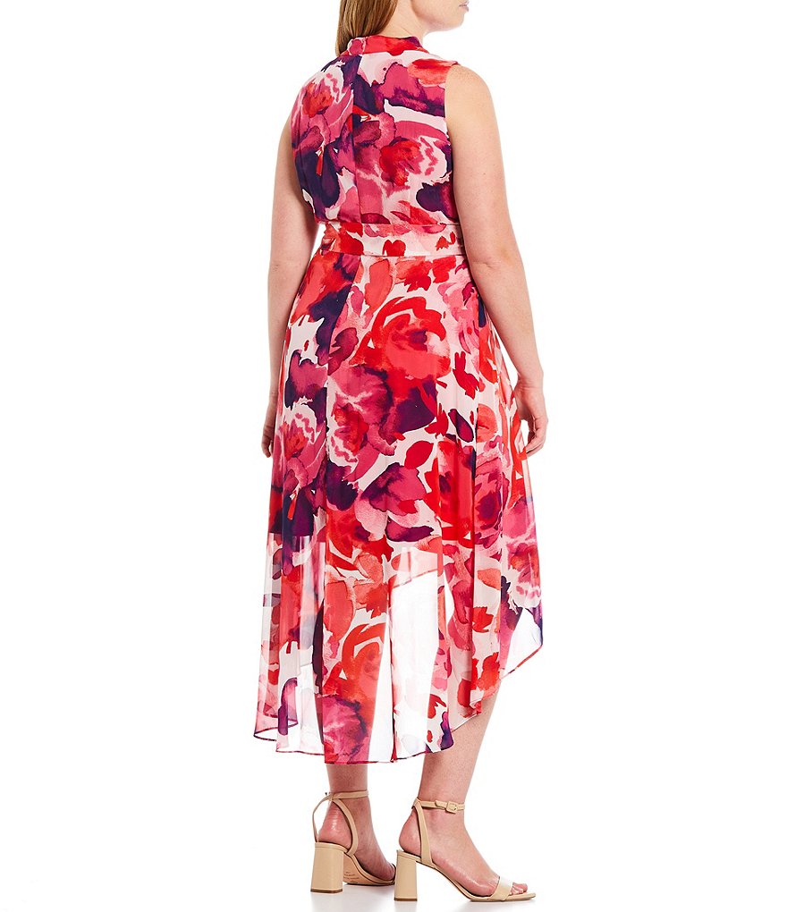 Jessica Howard Plus Size Halter Neck Sleeveless Watercolor Floral Hi-Low Dress