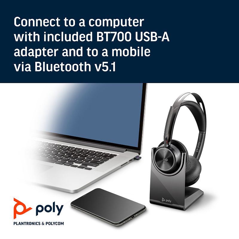 Poly Voyager Focus 2 UC USB-A Headset with Stand (Plantronics) - Bluetooth Dual-Ear (Stereo) Headset with Boom Mic - USB-A PC / Mac Compatible - Active Noise Canceling - Works with Teams ( Certified ), Zoom & more