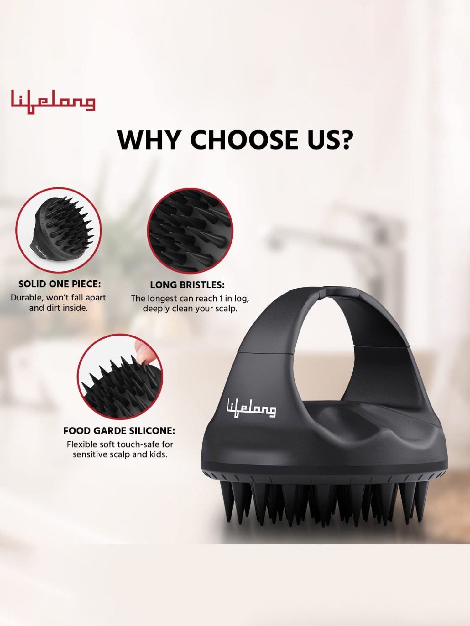 Lifelong LLM657 Silicone Scalp Massager Shampoo Brush with Body Scrubber (Black)