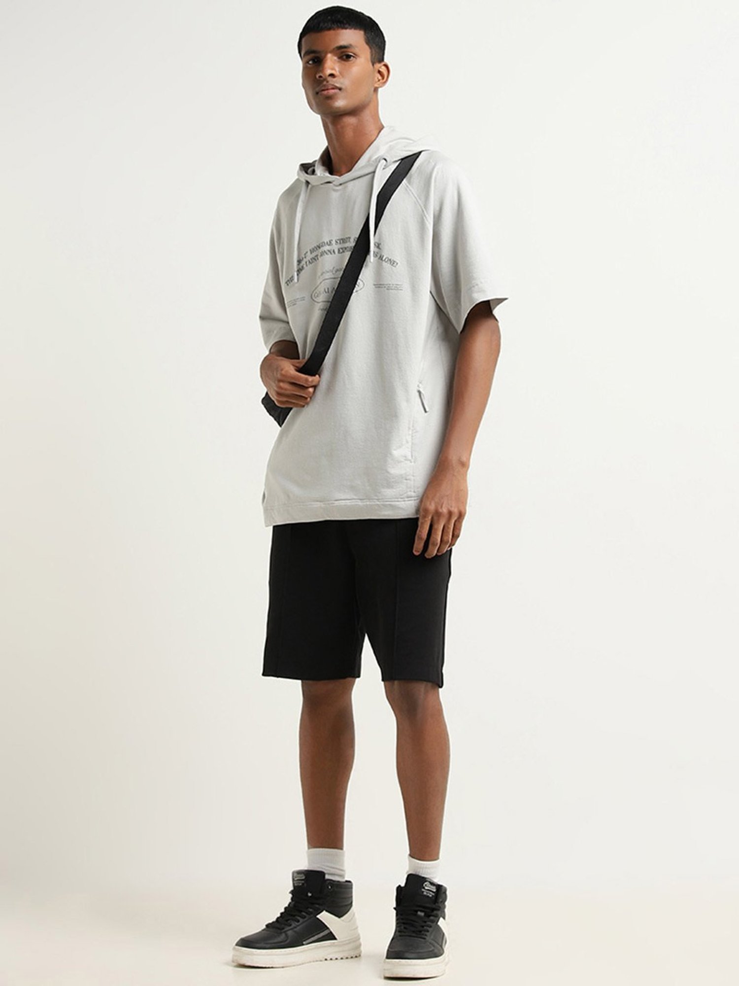 Studiofit by Westside Light Grey Text Design Relaxed-Fit Hooded T-Shirt