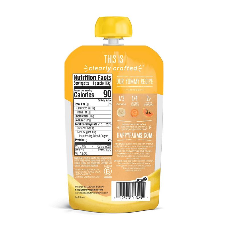 HappyBaby Clearly Crafted Bananas Sweet Potatoes & Papayas Baby Meals - 4oz