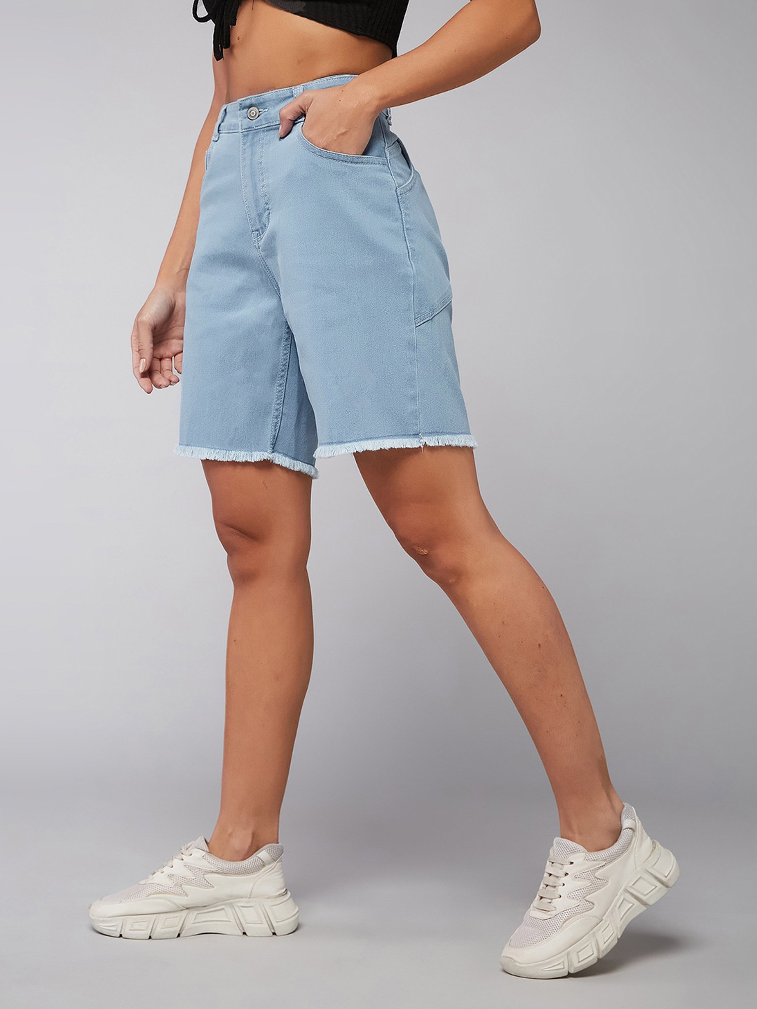 DOLCE CRUDO Light Blue Denim Regular Fit High Rise Shorts
