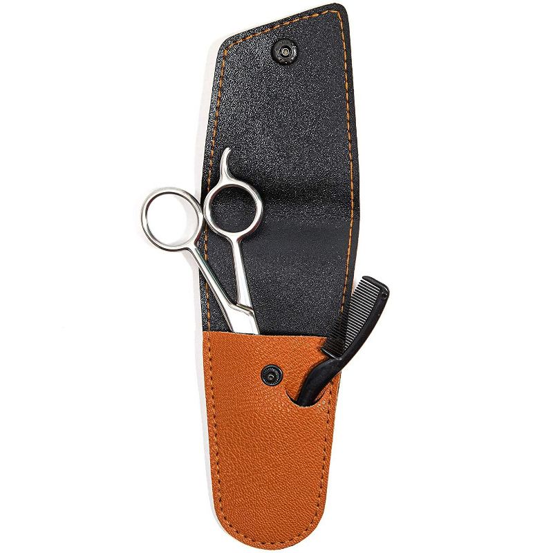 Beard Mustache Scissors with Comb and Brown PU Leather Pouch for Men, Beard Care Facial Hair Grooming & Trimming Tool Kit Set, Perfect Gifts for Him
