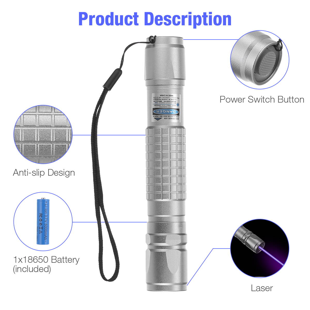 Purple Laser Pointer with Battery Charger Flashlight Visible Beam Light Outdoor Lighting Lasers Pen, Silver