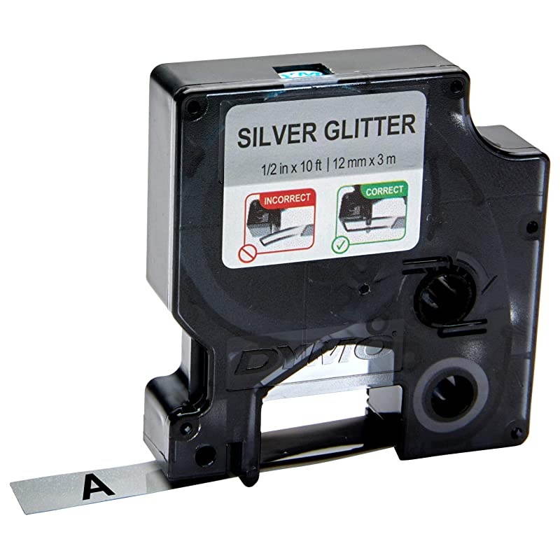 COLORPOP Authentic Label Maker Tape, 1/2" W x 10' L, Black Print on Silver Glitter, D1 Standard