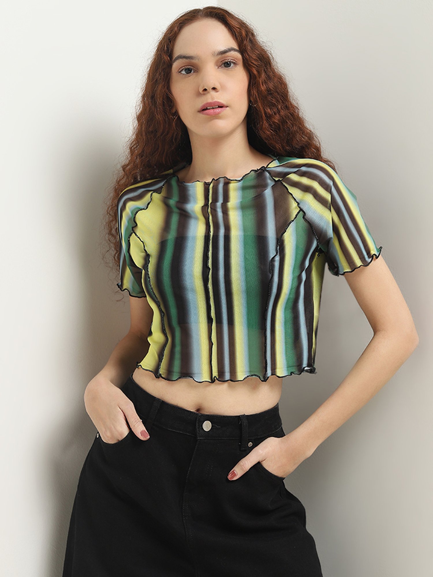 Nuon by Westside Lime Stripe Printed Mesh Top