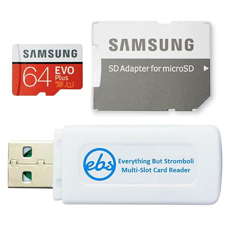 Evo Plus 64GB Micro SDXC Memory Card Class 10 (MB-MC64) Works with Android Galaxy Cell Phones A10e, A10s, A30s, A50s, A90 5G Bundle with (1) Everything But Stromboli MicroSD & SD Card Reader